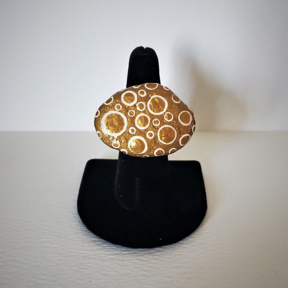 Hand Painted Dot Art Gold and Parchment Statement Ring, Cocktail Ring